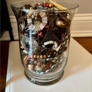 Large Assorted Costume Jewelry Collection in Glass Vase
